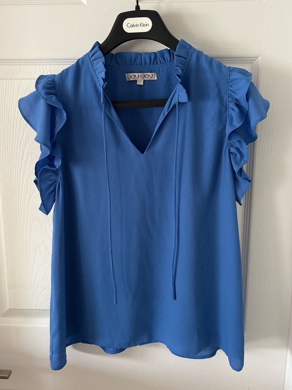 Joy Joy Women's Royal Blue Ruffle Sleeve V-Neck Top Size L